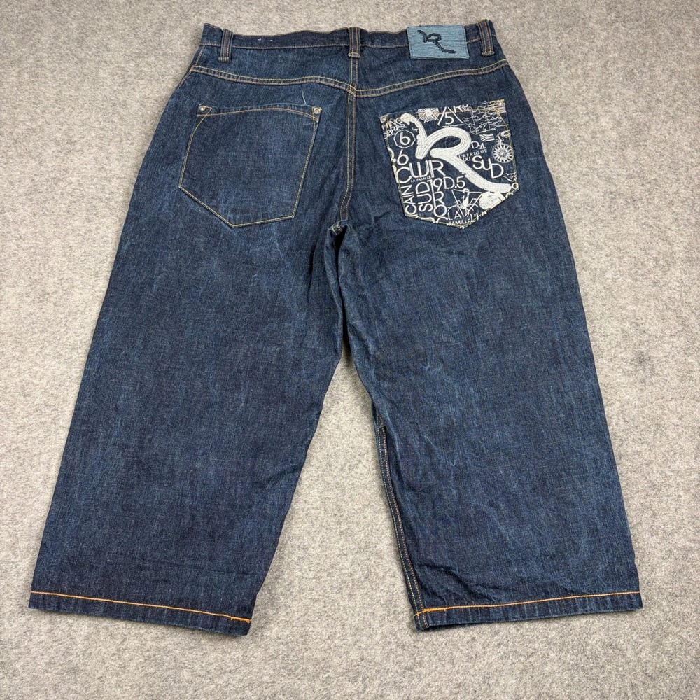 Rocawear Denim Shorts Mens 36 Baggy Y2K Embroidered Dark Wash Hip Hop Streetwear - Picture 6 of 13